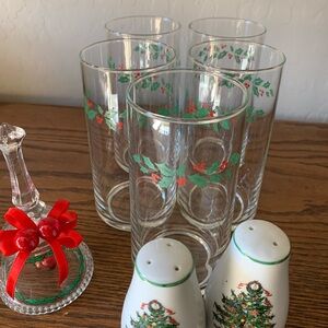 Lot of Holly &Christmas Tableware! 5 Tumblers Salt & Pepper Shakers  Glass Bell